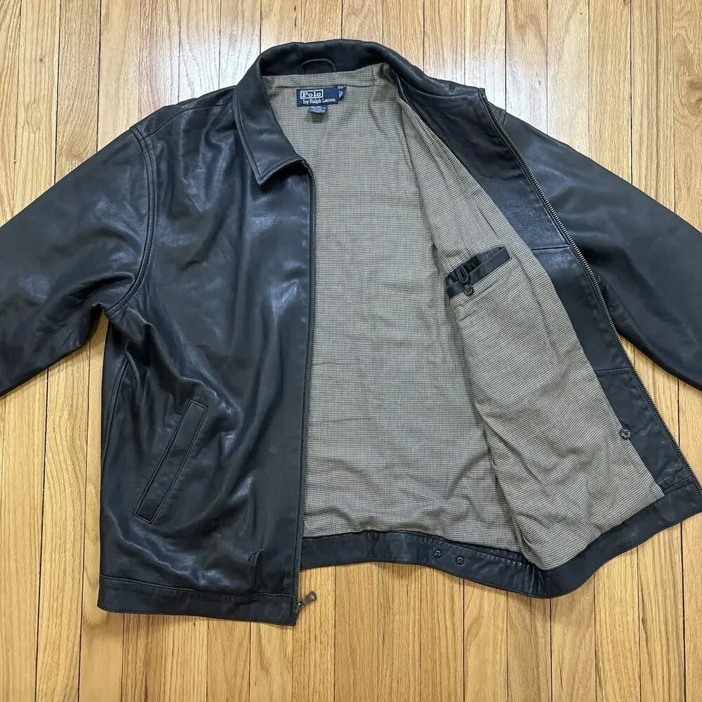 Polo Ralph Lauren Leather Jacket Men’s Size L Zip Front Plaid Lined *Flaw Read - Picture 3 of 16